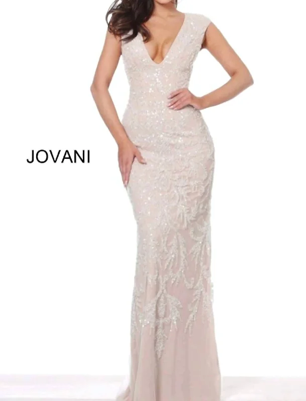 Plunging Neck Embellishment Dress In Silver Nude Street style unclassified dresses