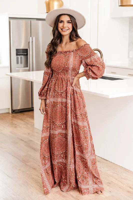 Sounds In My Mind Brick Smocked Bust Off The Shoulder Printed Maxi Dress