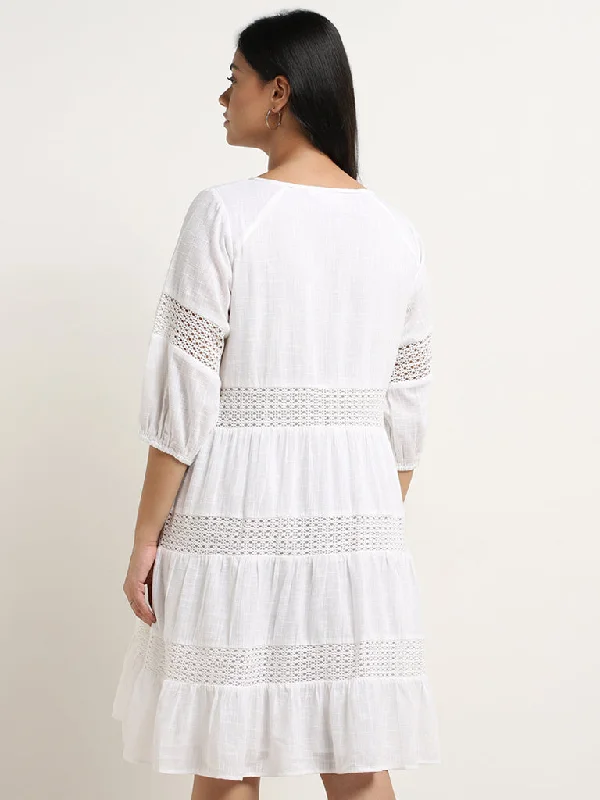 Gia White Crochet-Detailed Tiered Cotton Dress