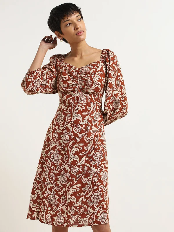 LOV Dark Rust Printed Crepe Blended Linen A-Line Dress