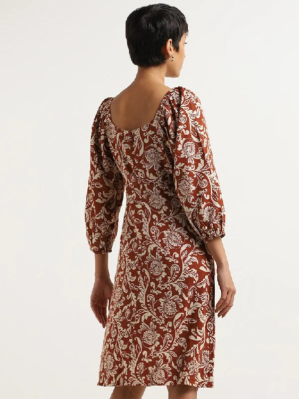 LOV Dark Rust Printed Crepe Blended Linen A-Line Dress