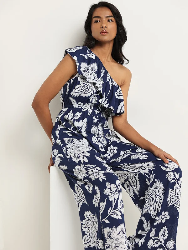 LOV Navy Floral One-Shoulder Jumpsuit