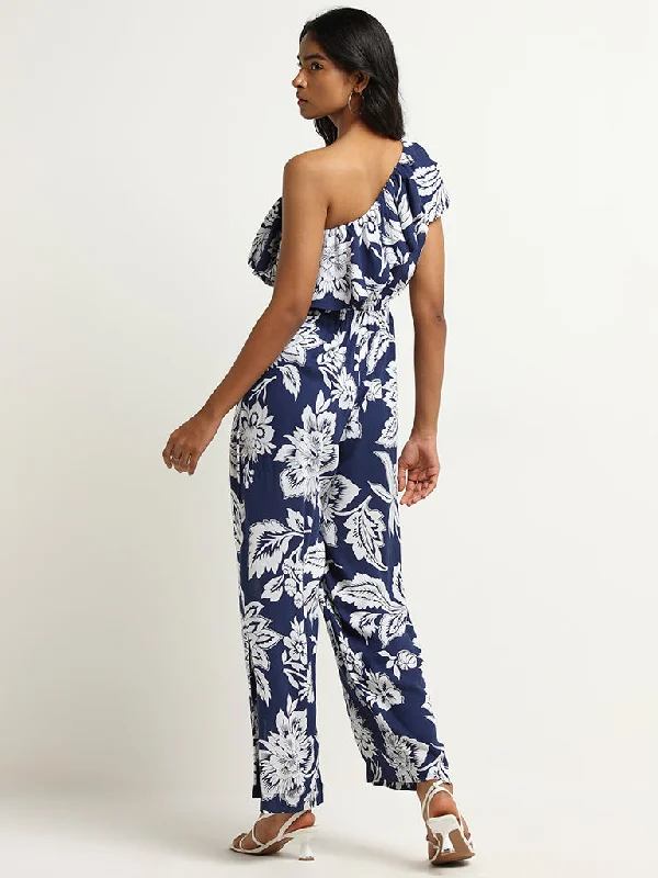 LOV Navy Floral One-Shoulder Jumpsuit