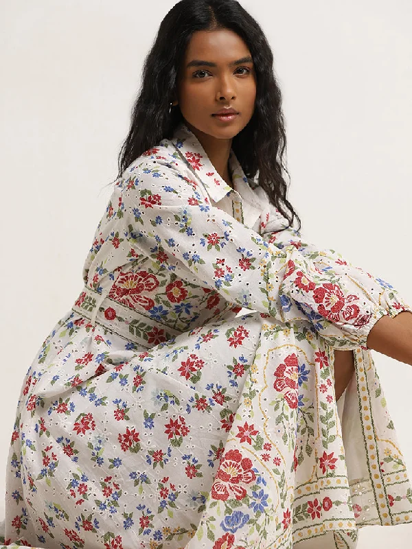 LOV White Floral Schiffli Design Cotton Shirt Dress with Belt