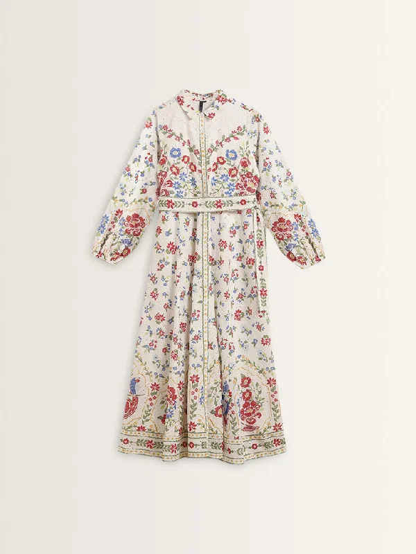 LOV White Floral Schiffli Design Cotton Shirt Dress with Belt