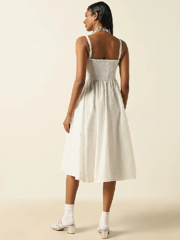 LOV White Pleated Cotton A-Line Dress