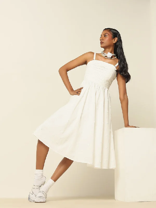 LOV White Pleated Cotton A-Line Dress