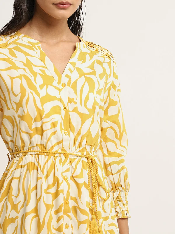 LOV Yellow Printed Tiered Dress with Belt