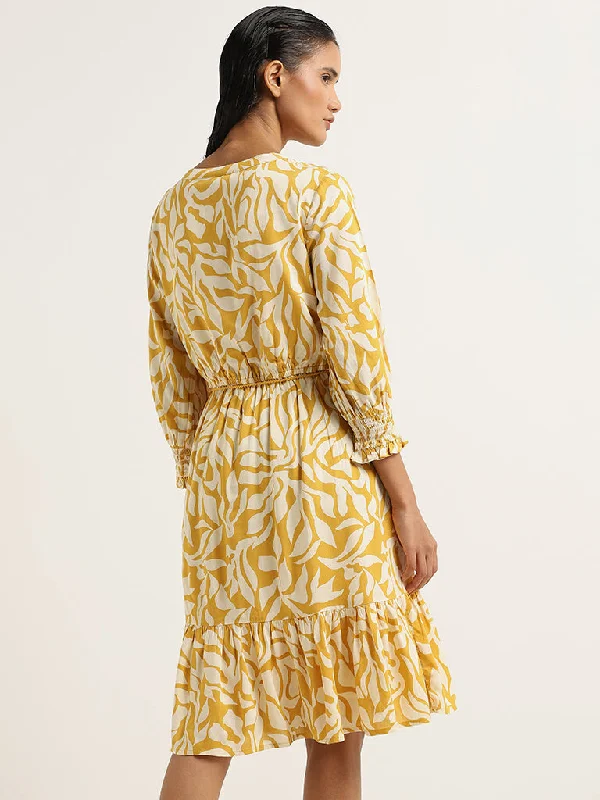 LOV Yellow Printed Tiered Dress with Belt