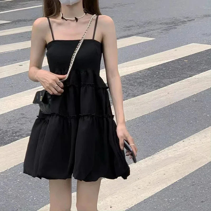 Znbbw Black Fluffy Camis Dress Women Summer Fashion Spaghetti Strap White Dress Female Sleeveless Birthday Party Dress New