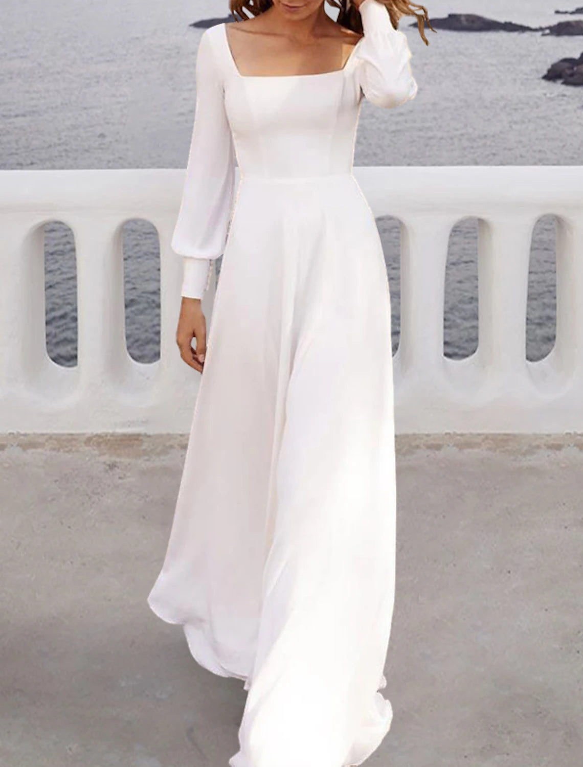 Beach Casual Fall Wedding Dresses A-Line Square Neck Long Sleeve Sweep / Brush Train Chiffon Bridal Gowns With Solid Color Tiered Wedding Dress