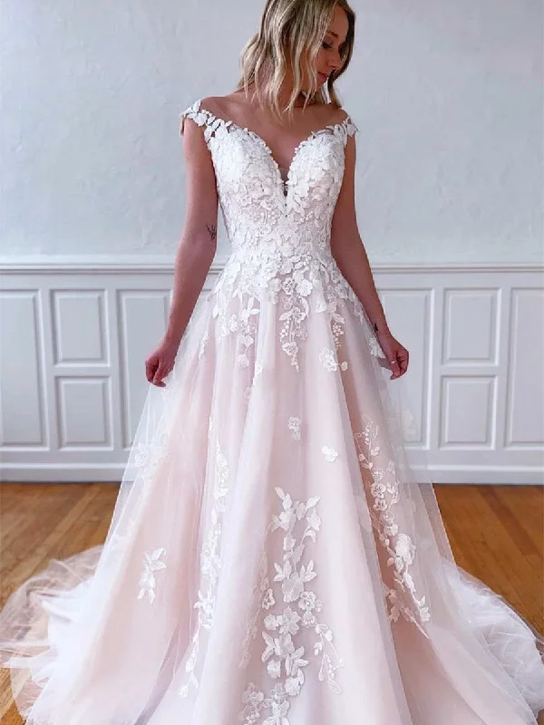 Off The Shoulder Blush Pink Lace Tulle Wedding Dresses, Long Bridal Gown, 2021 Wedding Dresses Lace Wedding Dress