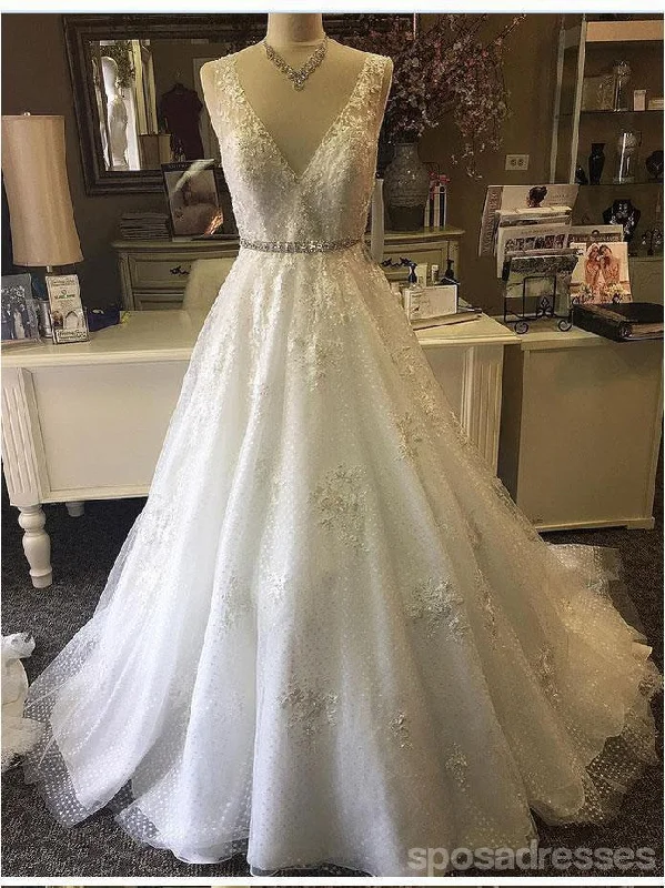 Lace Beaded V Neck A line Cheap Wedding Dresses Online, Cheap Lace Bridal Dresses, WD457 Romantic Satin Dress
