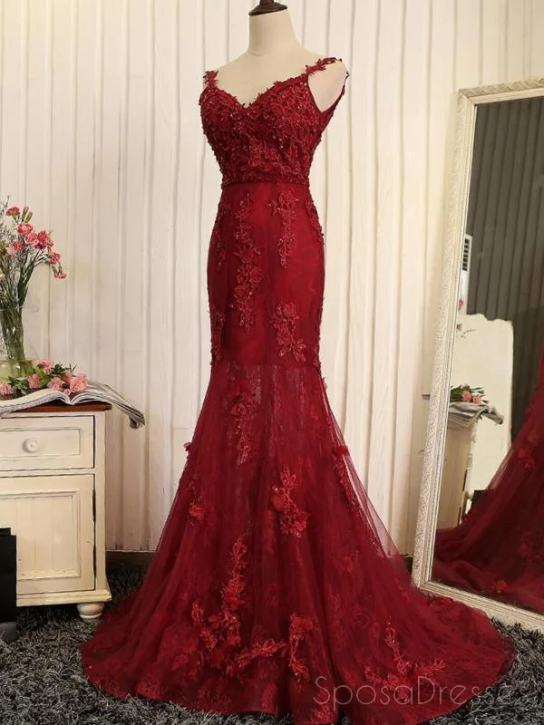 Red Lace Mermaid V-neck Cheap Long Evening Prom Dresses, Evening Party Prom Dresses, 18643 Graduation party dresses