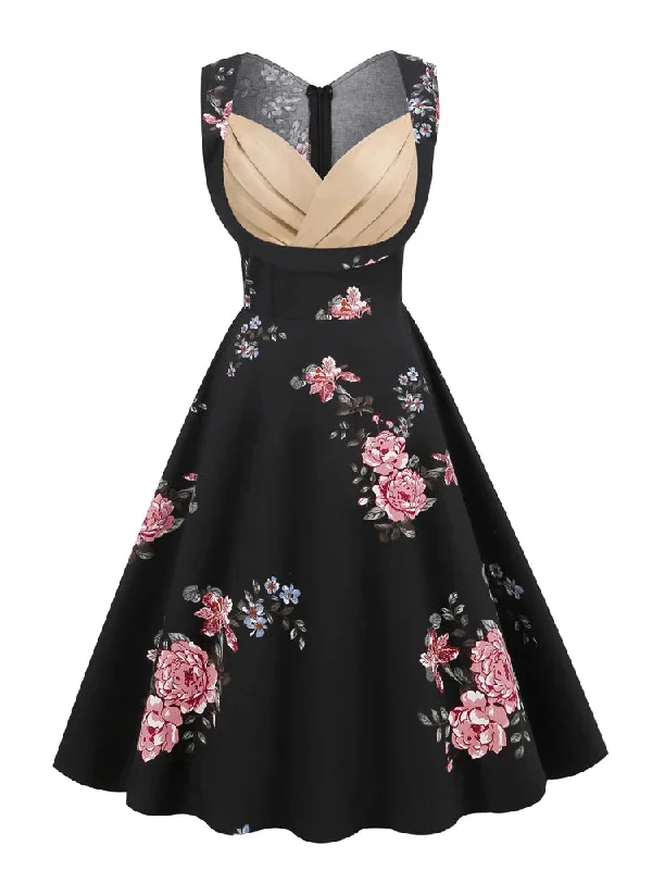 Sexy Sweetheart Neck High Waist Floral 50s Robe Cotton Dresses Sleeveless Women Party Rockabilly Vintage Midi Dress Satin midi dresses
